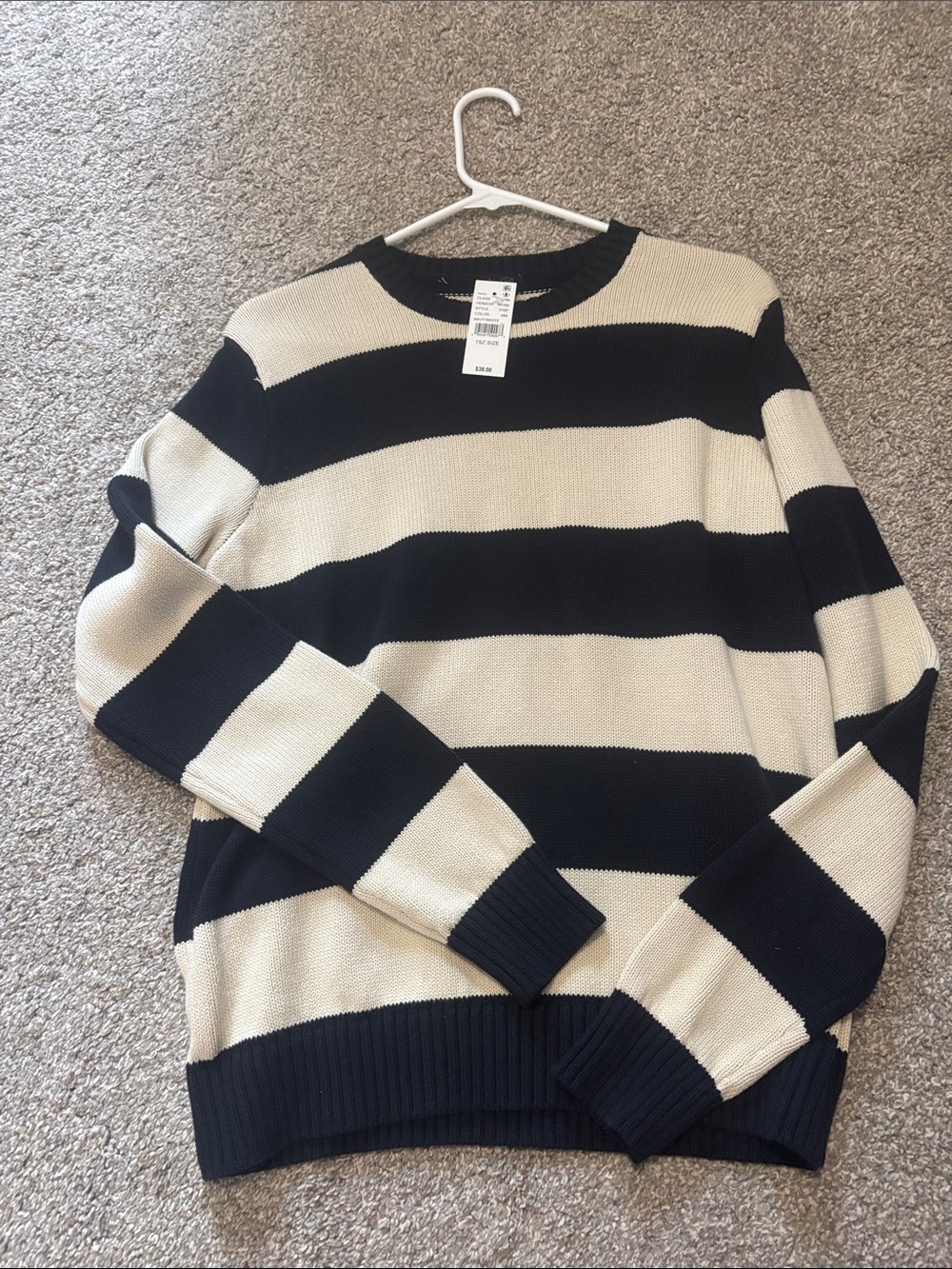 Women’s Black and Cream Striped Crewneck Sweater NWT